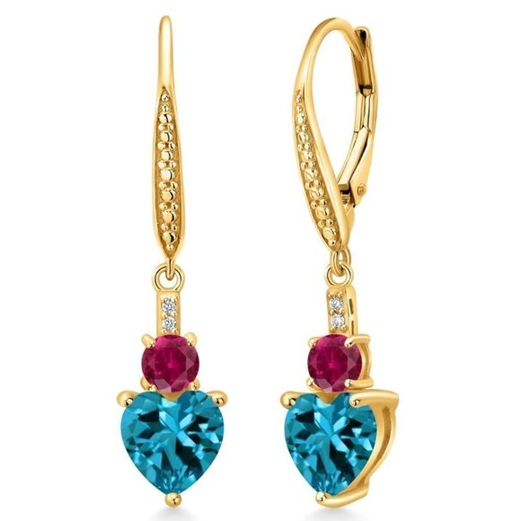 18K Yellow Gold with 3.73 Cttw London Blue Topaz and Ruby Heart Drop Earrings - Picture 1 of 4